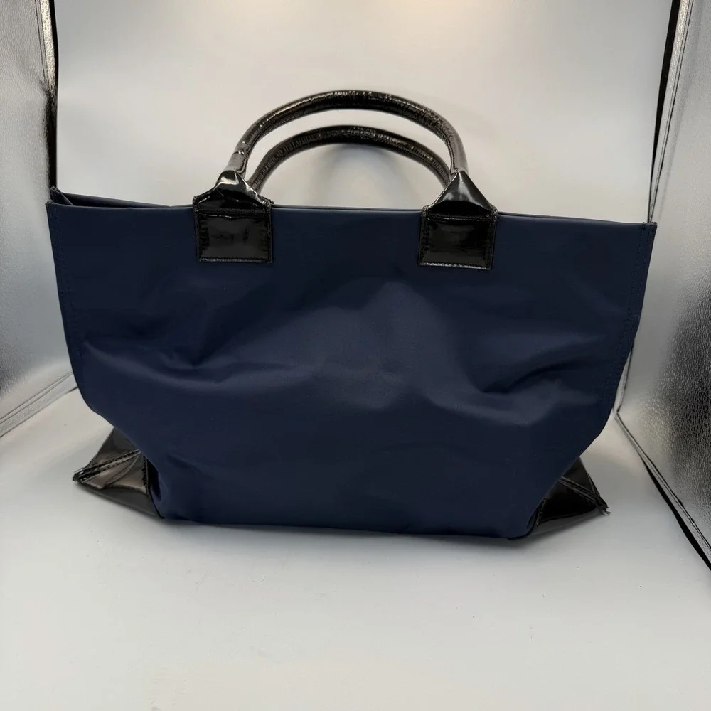 Authentic Tory Burch Black Nylon Ella Tote with Patent Logo and Gold Hardware